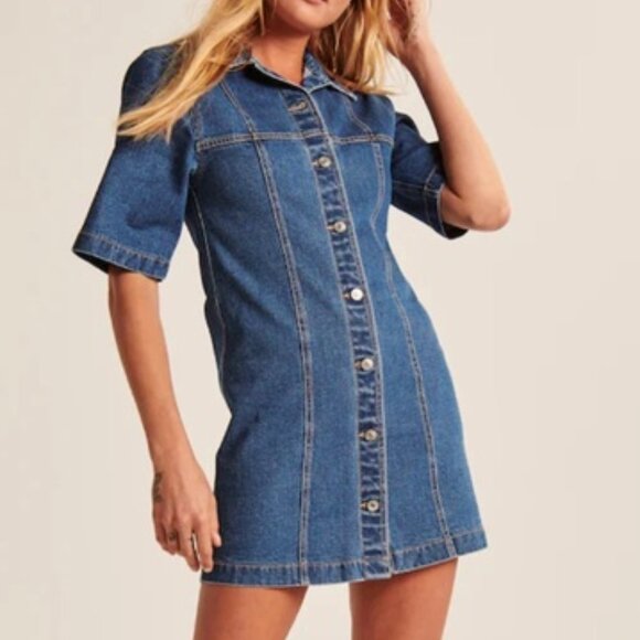 Denim Button Up A-Line Mini Dress with Collar - Concert, Festival, Western - Picture 1 of 7